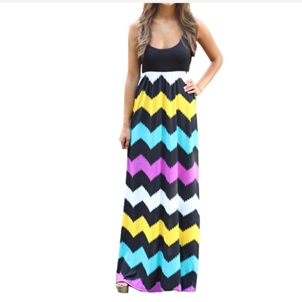 Chevron Color Block Print Boho Maxi Dress - Picture 2 of 4